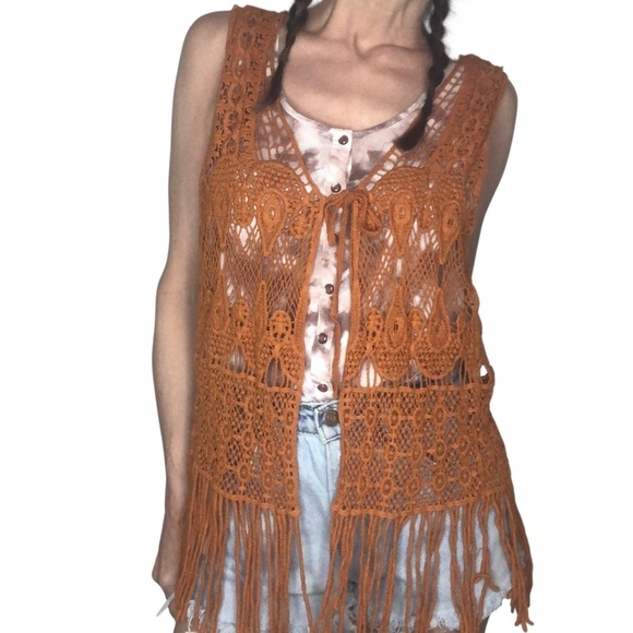 Kontrol Contemporary Boho Crochet Vest Sz S Sienna Brown Fringe Western Festival - Picture 1 of 10